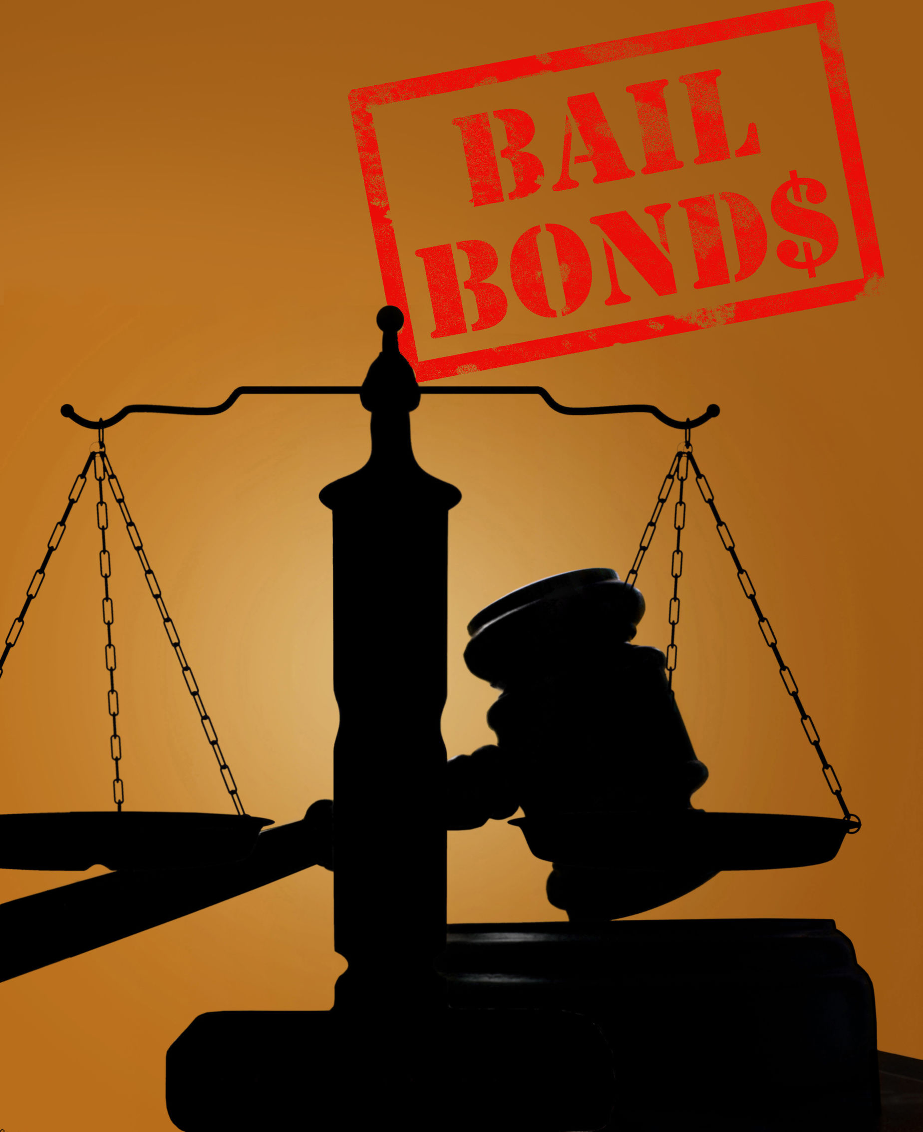 Court gavel and scales of justice with Bail Bonds stamp